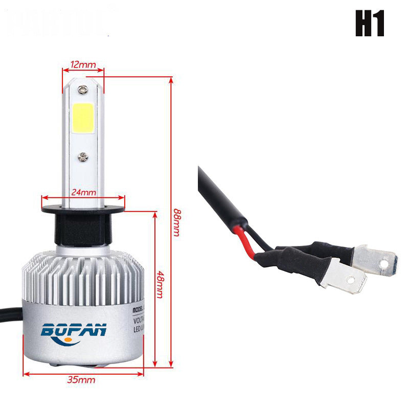 Car headlight bulb with dimensions and wiring diagram on a white background