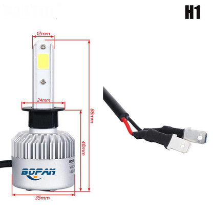 Car headlight bulb with dimensions and wiring diagram on a white background