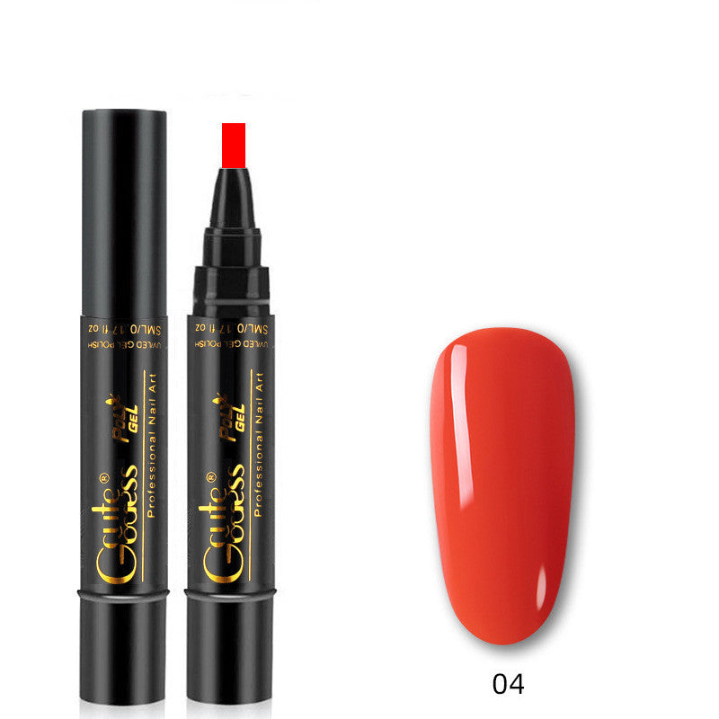 Nail gel polish pen with red cap and vivid red nail swatch, color 04