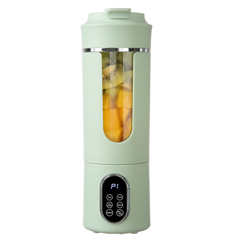Portable rechargeable juice blender, light green body with clear jar and control panel (P1).