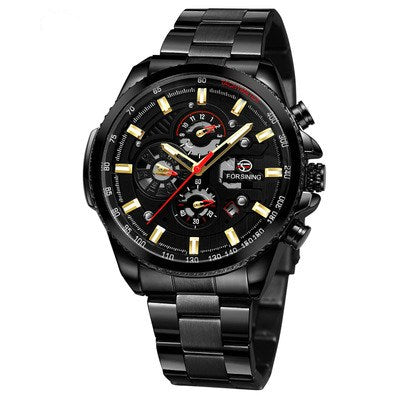 Automatic mechanical watch with black dial, black metal bracelet, gold hour markers