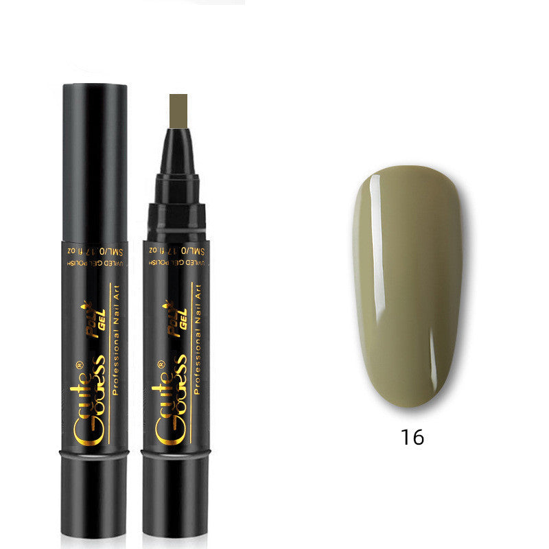 Olive nail glue pen with applicator tip and olive nail swatch, shade 16