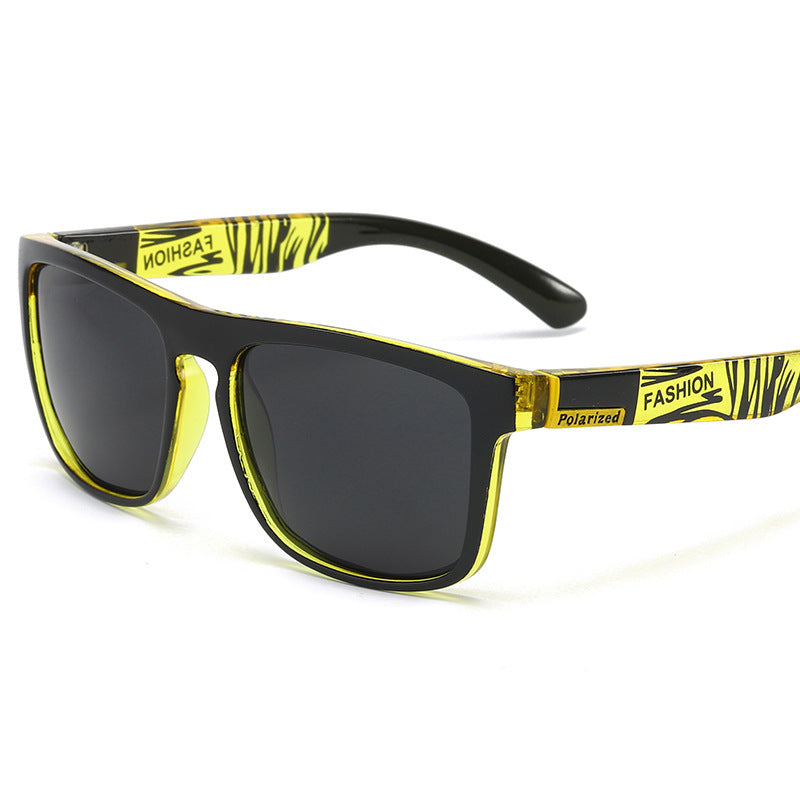Polarized sports sunglasses with black and neon yellow frame and dark square lenses