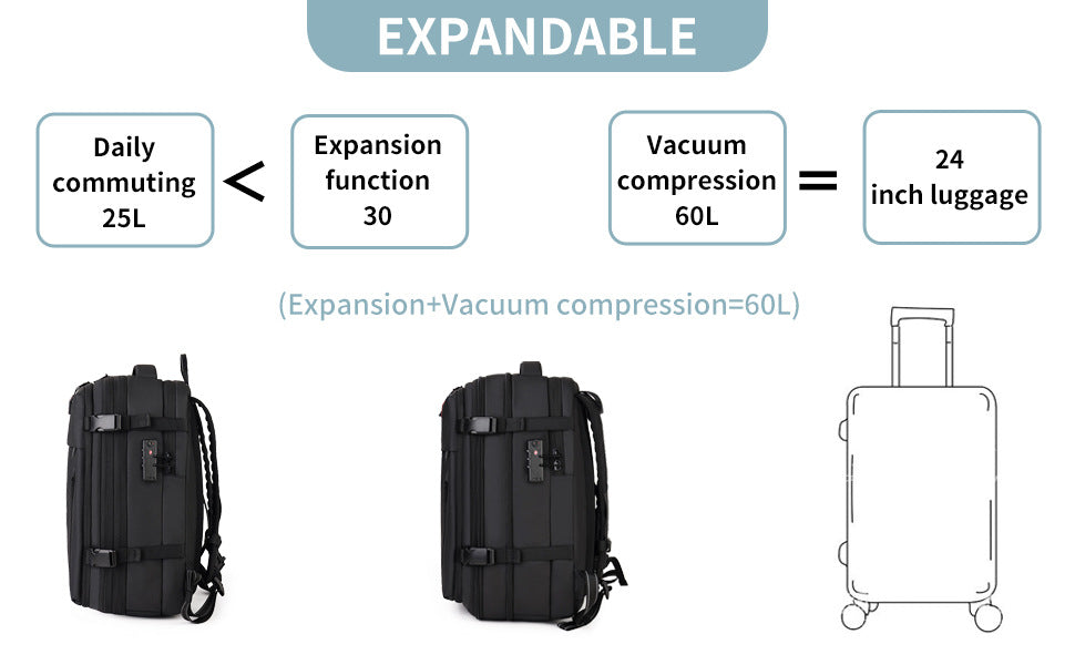Expandable vacuum backpack with compression bag and wheeled carry handle