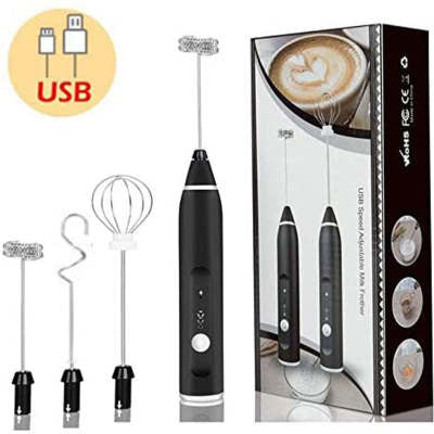 Rechargeable electric milk frother set, black handheld with whisk, beaters, and USB