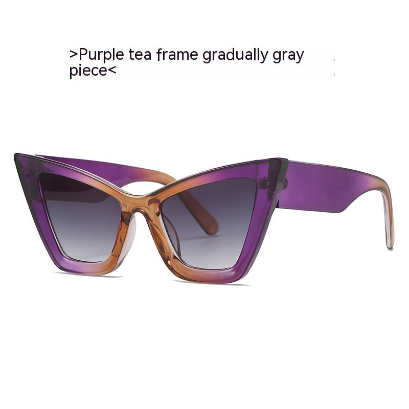 Purple tea cat-eye sunglasses with dark lenses fading to gray