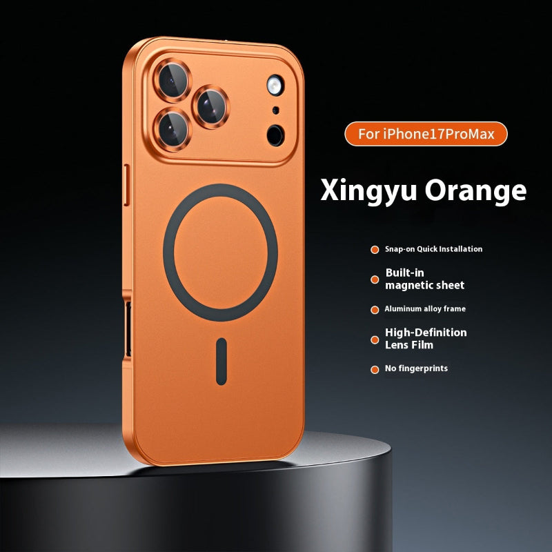 Orange phone case for iPhone 17 Pro Max with features listed on a dark background