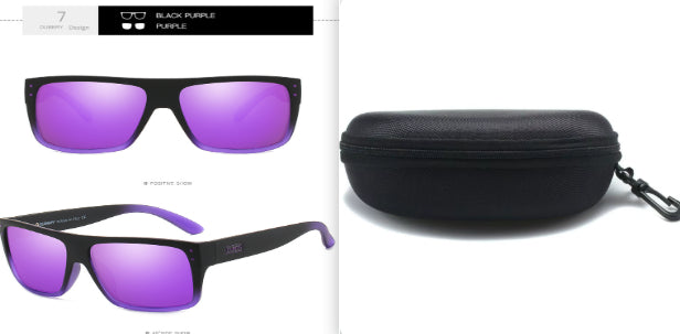 Black sports sunglasses with polarized purple lenses and black zip hard case