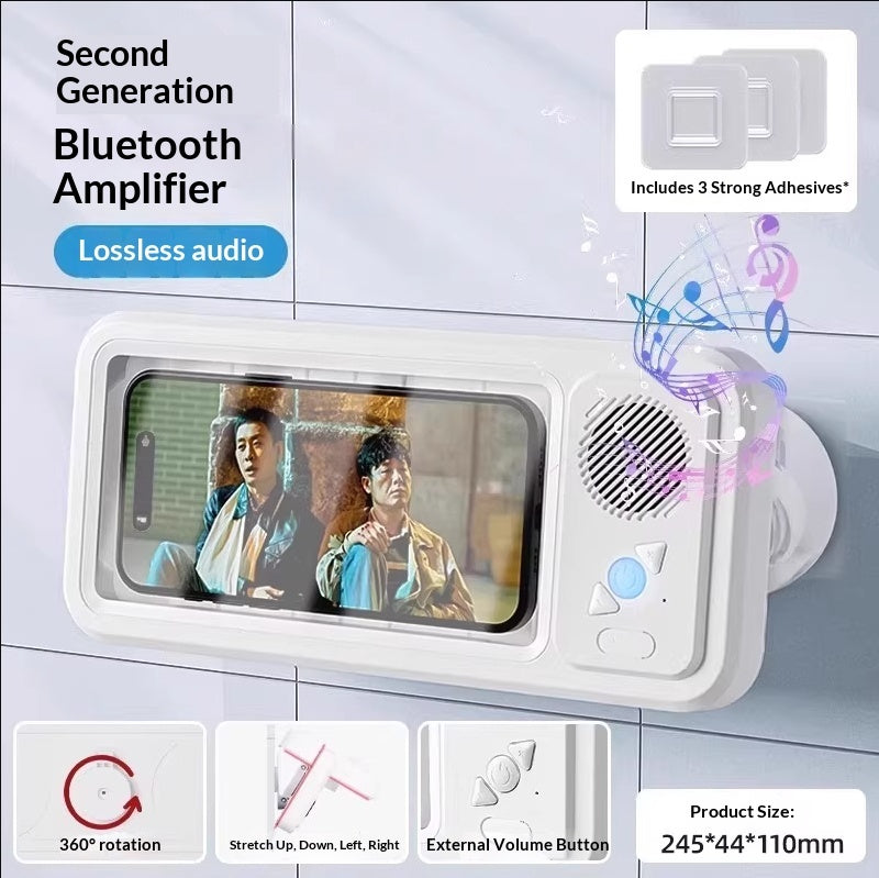 Waterproof phone box with Bluetooth speaker, white housing with phone window and volume button