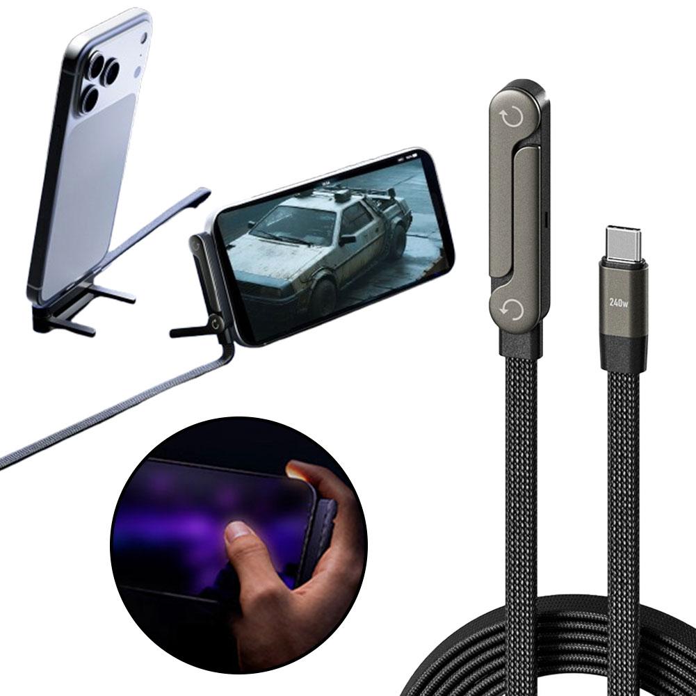 Black 2-in-1 fast charging foldable bracket data cable with USB-C ports and stand