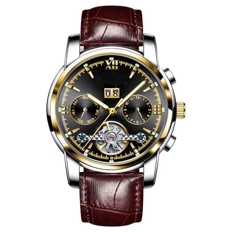 Luxury watch with brown leather strap and black dial on a white background