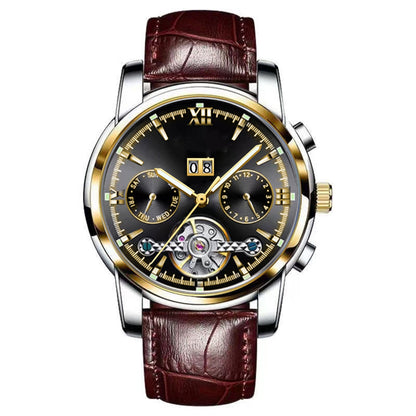 Luxury watch with brown leather strap and black dial on a white background