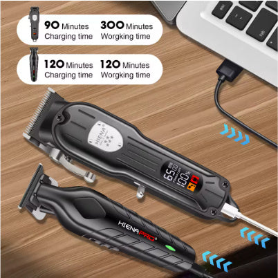 Black hair clipper and trimmer with digital display and charging cable