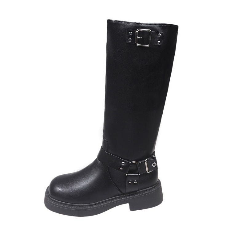 Women's black high-top boots with square heel and buckle strap detail