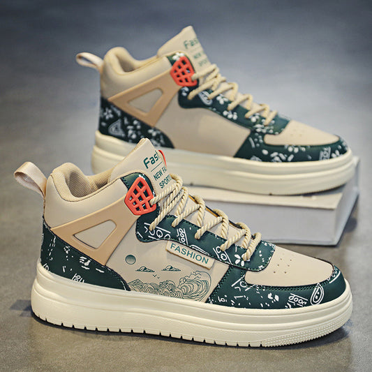 High-top sneakers with navy and green graphic upper, beige panels, red lace accents