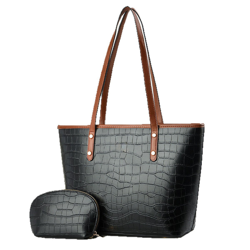 Black croc-texture PU tote with zip pouch, wide handles, snap-front strap