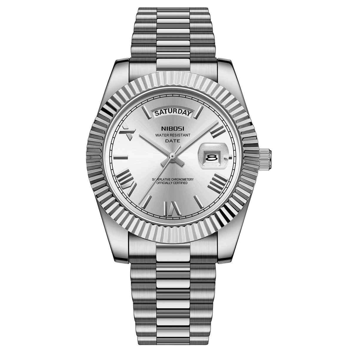 Men's steel quartz wristwatch with silver dial, date window, metal link bracelet