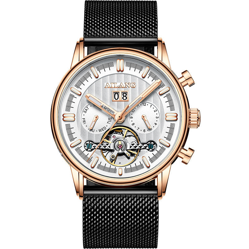 Luxury watch with black mesh strap and rose gold casing on a white background
