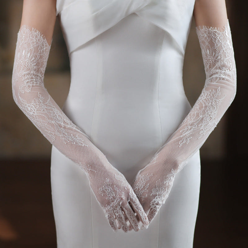White lace tulle long bridal gloves with fingerless lace and wide cuff