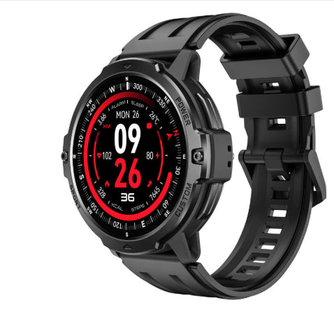 Black smartwatch with digital display on a white background