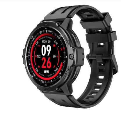 Black smartwatch with digital display on a white background