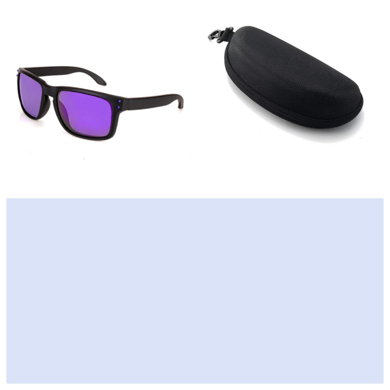 Men's sports sunglasses with black frame and purple mirrored lenses, with hard case