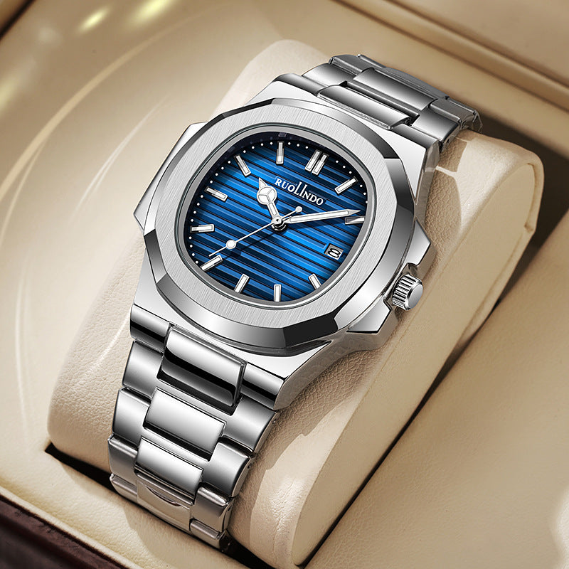 Men's stainless steel quartz wrist watch with blue dial and silver metal bracelet