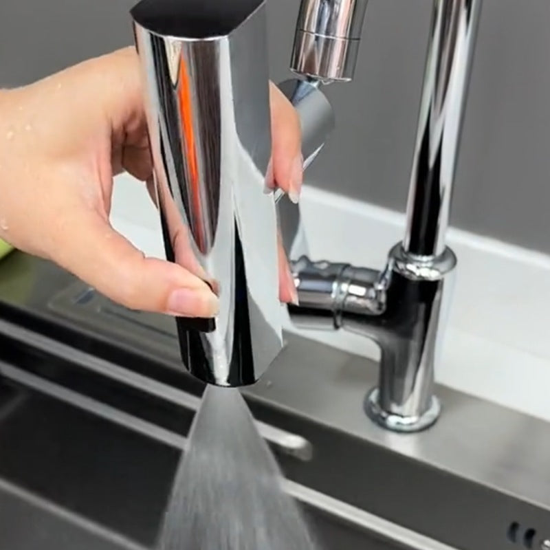 Hand holding a chrome kitchen faucet handle with water flowing, set against a kitchen sink background.