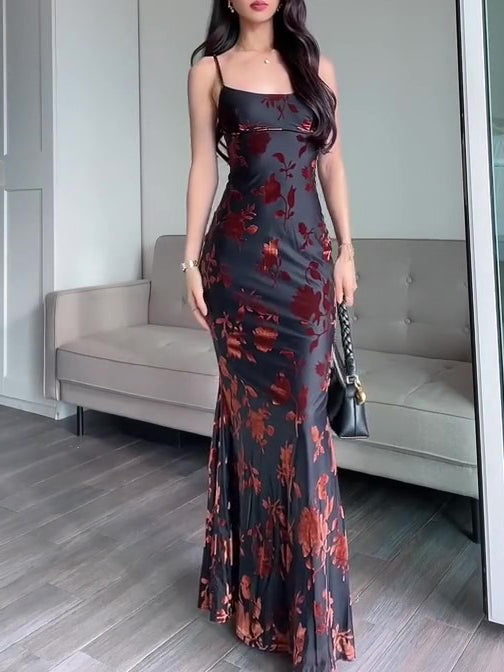 Women's Flocked Strappy Maxi Dress