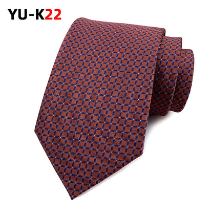 Red patterned tie on a white background with 'YU-K22' branding.