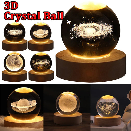 Collage of 3D crystal ball night lights with various designs on wooden bases.