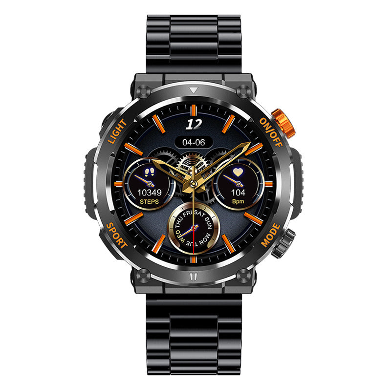 Black sport smartwatch with round dial, gold skeleton hands, ribbed rubber strap