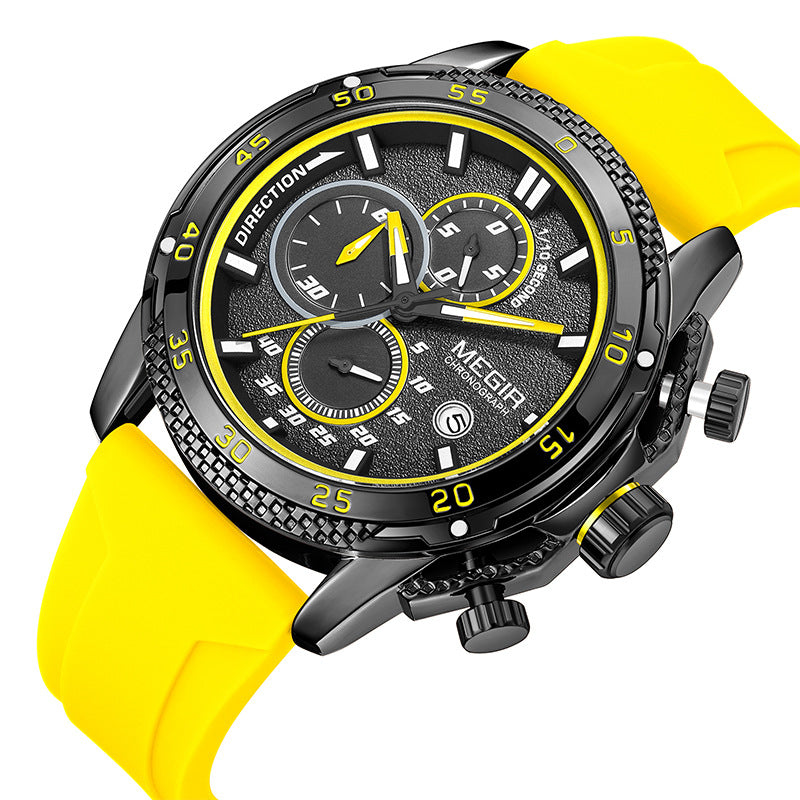 Men's sport quartz watch with yellow silicone strap and black dial with neon yellow markers
