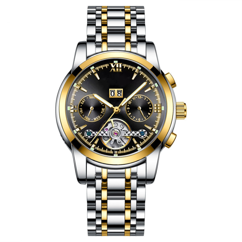 Luxury watch with black dial and gold accents on a white background