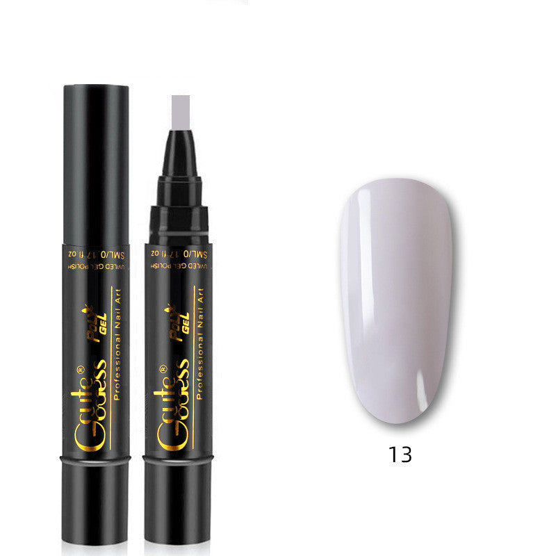 Nail glue pen with light purple cap and lavender gel swatch labeled 13