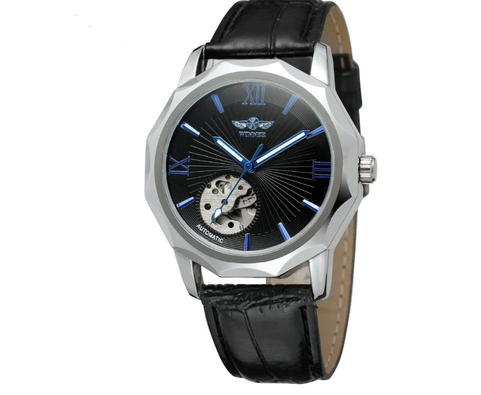 Men's automatic mechanical watch with dark dial, Roman numerals, and black leather strap