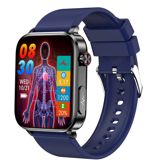 TK15 smartwatch with navy strap and an anatomical illustration on its rectangular display