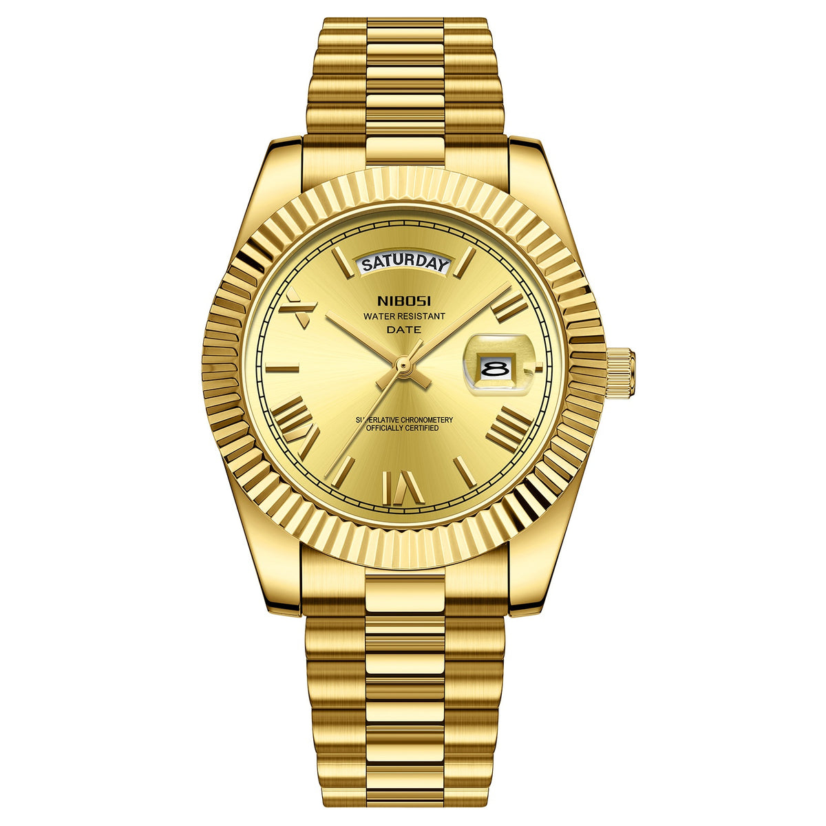 Men's quartz watch with gold steel bracelet and light dial, date window