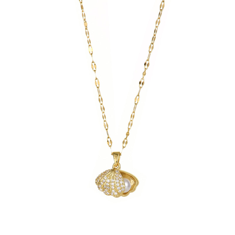 Gold tone pearl shell pendant necklace with rhinestone seashell charm and fine chain