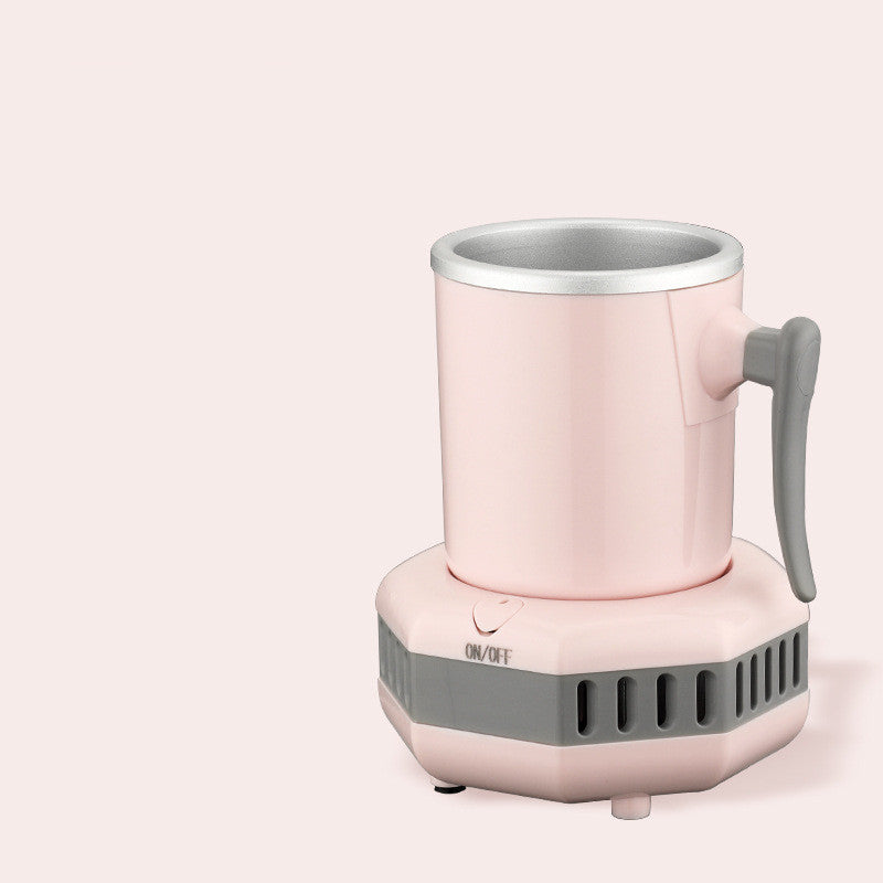 Pink mini ice cooling cup with side handle and gray vented ON/OFF base