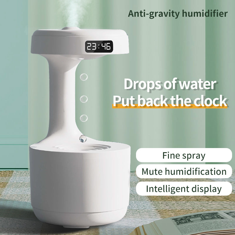 White anti-gravity humidifier with LED clock display and water mist outlet