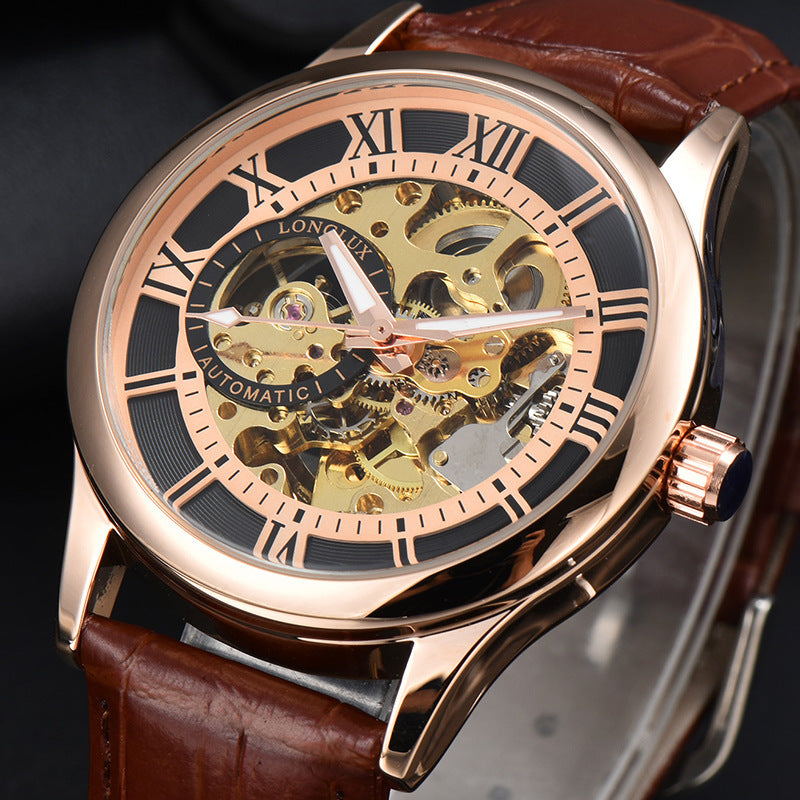 Luxury watch with rose gold case and brown leather strap on a dark background