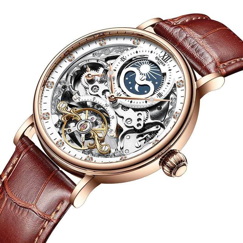 Automatic leather men's mechanical watch with brown leather strap and rose-gold case, white open dial