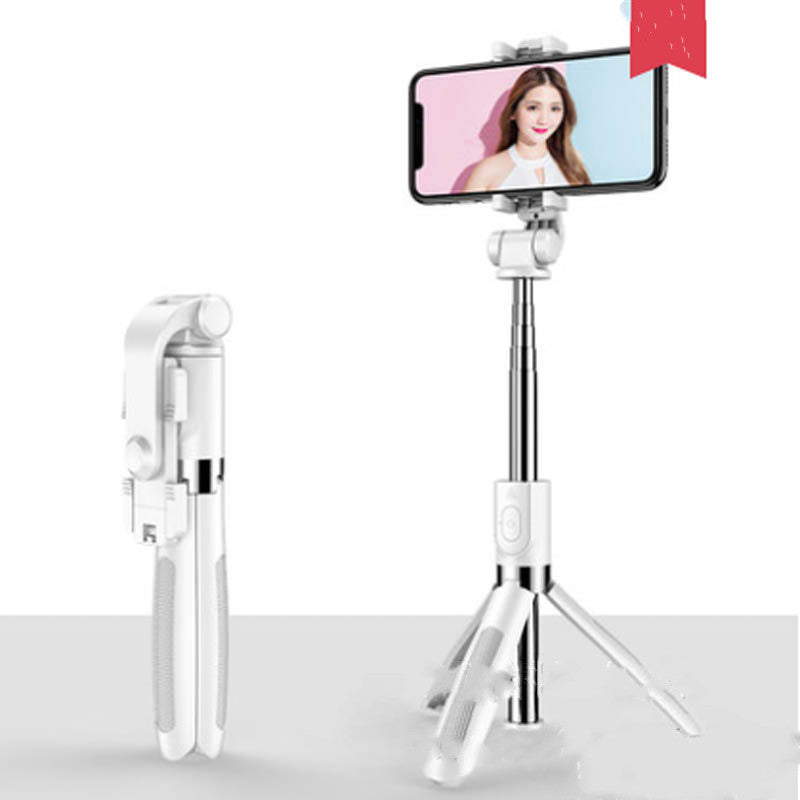 White smartphone selfie stick with a phone displaying a woman's face on a white background