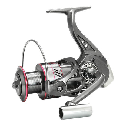 Metal fishing reel with open bail wire, pink-spool edge, and silver handle sleeve