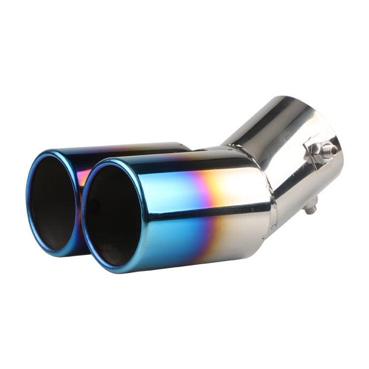 Dual exhaust muffler tips with blue and rainbow color banding on the outlets
