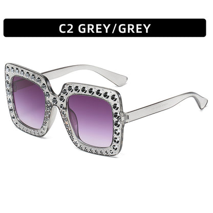 Women's square rhinestone sunglasses, grey frame with purple tinted lenses