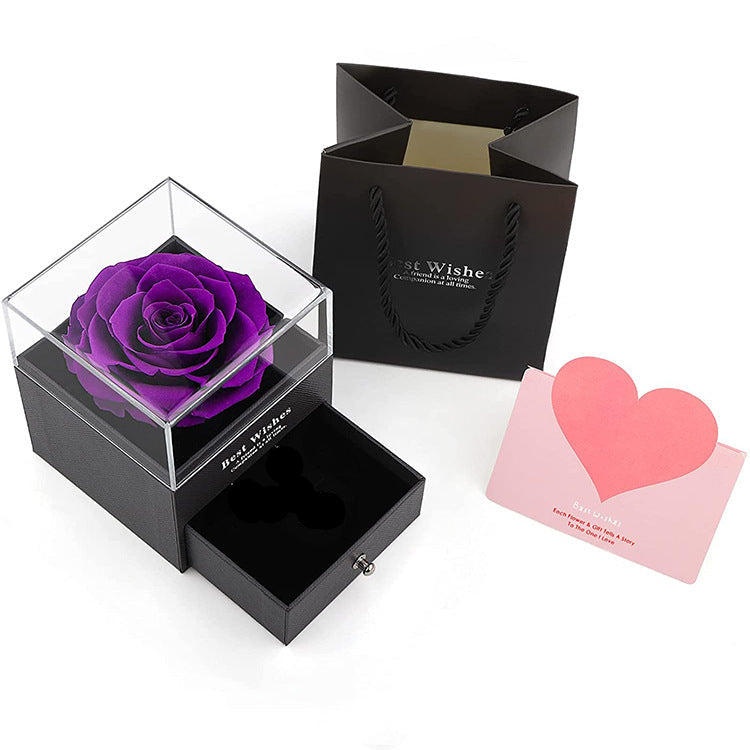 Acrylic jewelry gift box with purple preserved rose in clear display cover