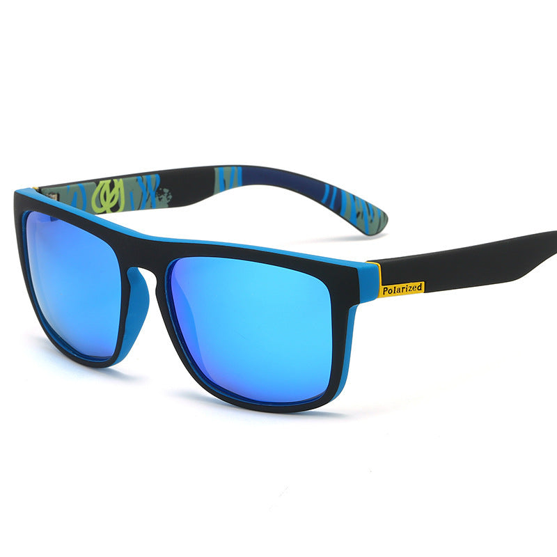 Unisex square polarized sports sunglasses, black frame with blue mirrored lenses