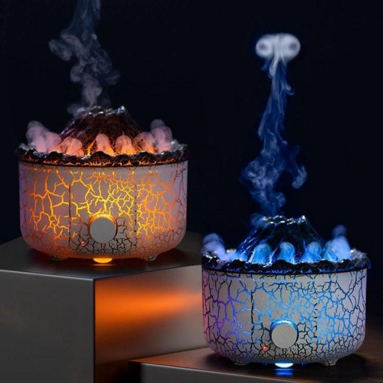 Two decorative lamps with cracked glass design, one emitting orange smoke and the other blue smoke, on a dark background.